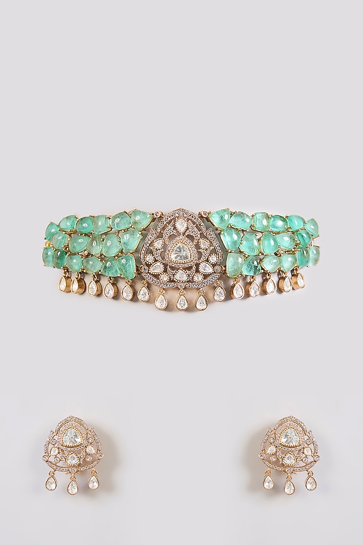 Two Tone Finish Green Stone & Kundan Polki Choker Necklace Set by Zevar By Geeta at Pernia's Pop Up Shop