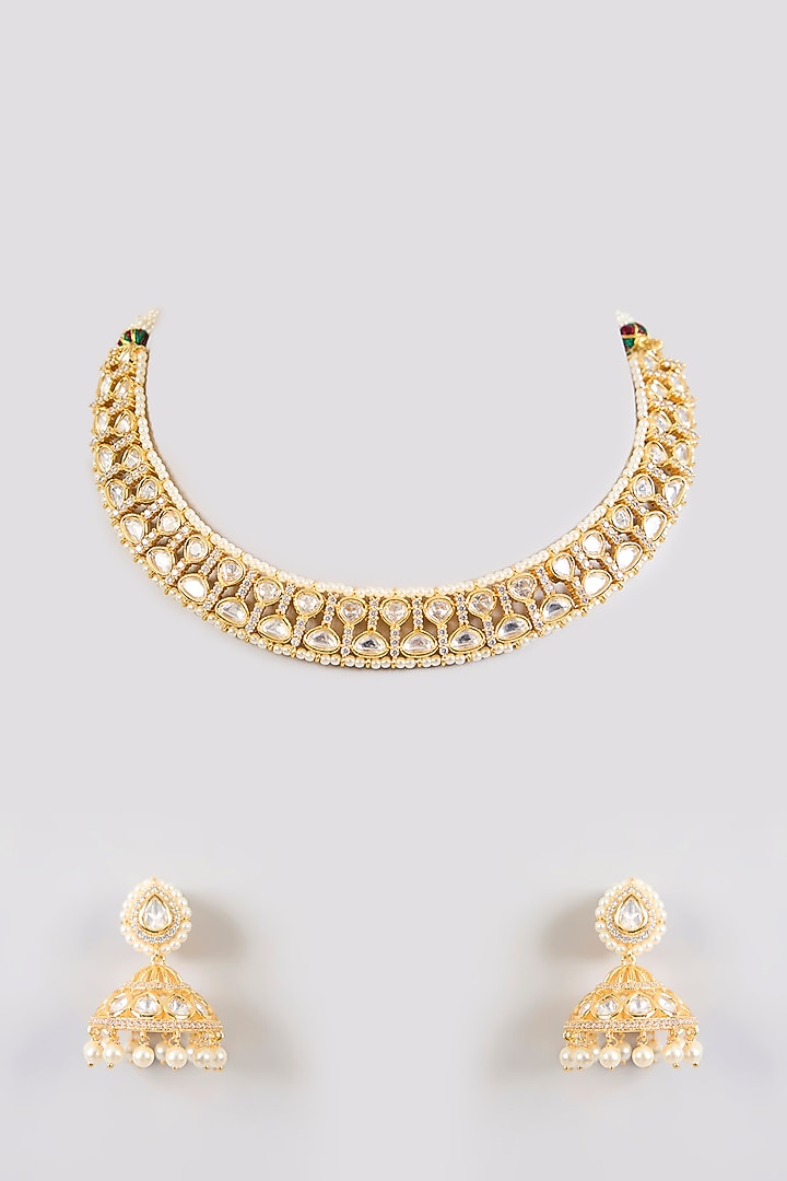 Gold Finish Kundan Polki & Uncut Stone Necklace Set by Zevar By Geeta at Pernia's Pop Up Shop