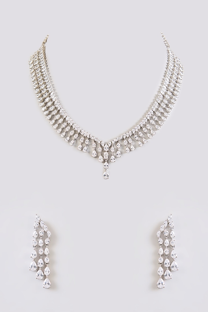 White Finish Diamond Necklace Set by Zevar By Geeta at Pernia's Pop Up Shop