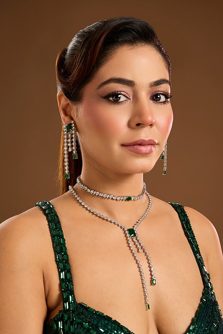White Finish Diamond & Emerald Green Stone Necklace Set by Zevar By Geeta at Pernia's Pop Up Shop