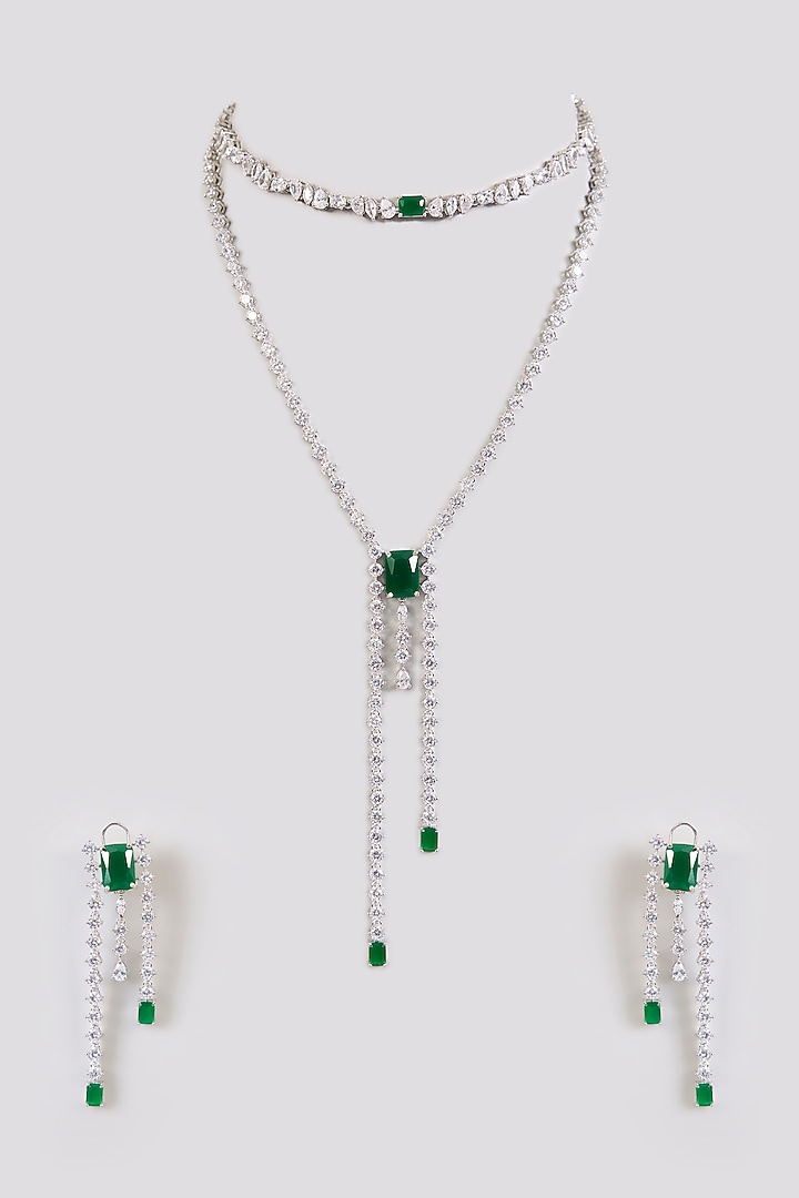 White Finish Diamond & Emerald Green Stone Necklace Set by Zevar By Geeta at Pernia's Pop Up Shop