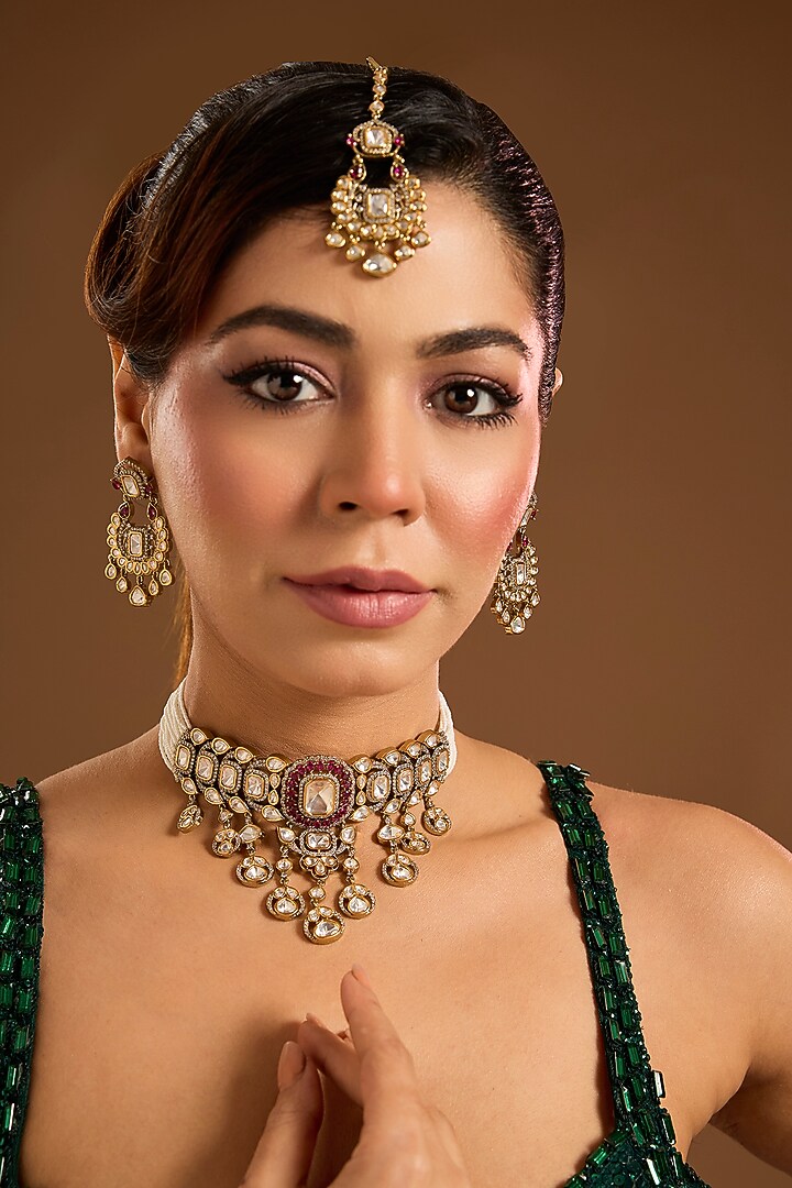 Two Tone Finish Kundan Polki Choker Necklace Set by Zevar By Geeta at Pernia's Pop Up Shop