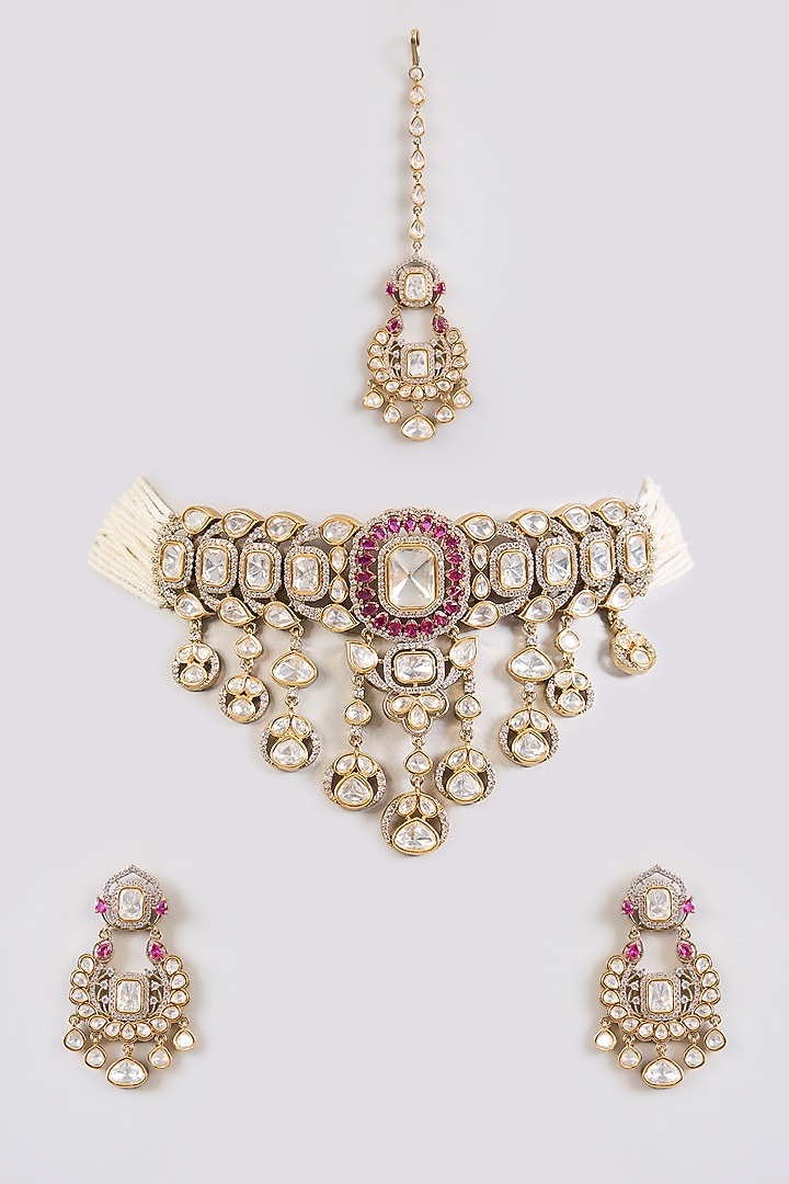 Two Tone Finish Kundan Polki Choker Necklace Set by Zevar By Geeta at Pernia's Pop Up Shop