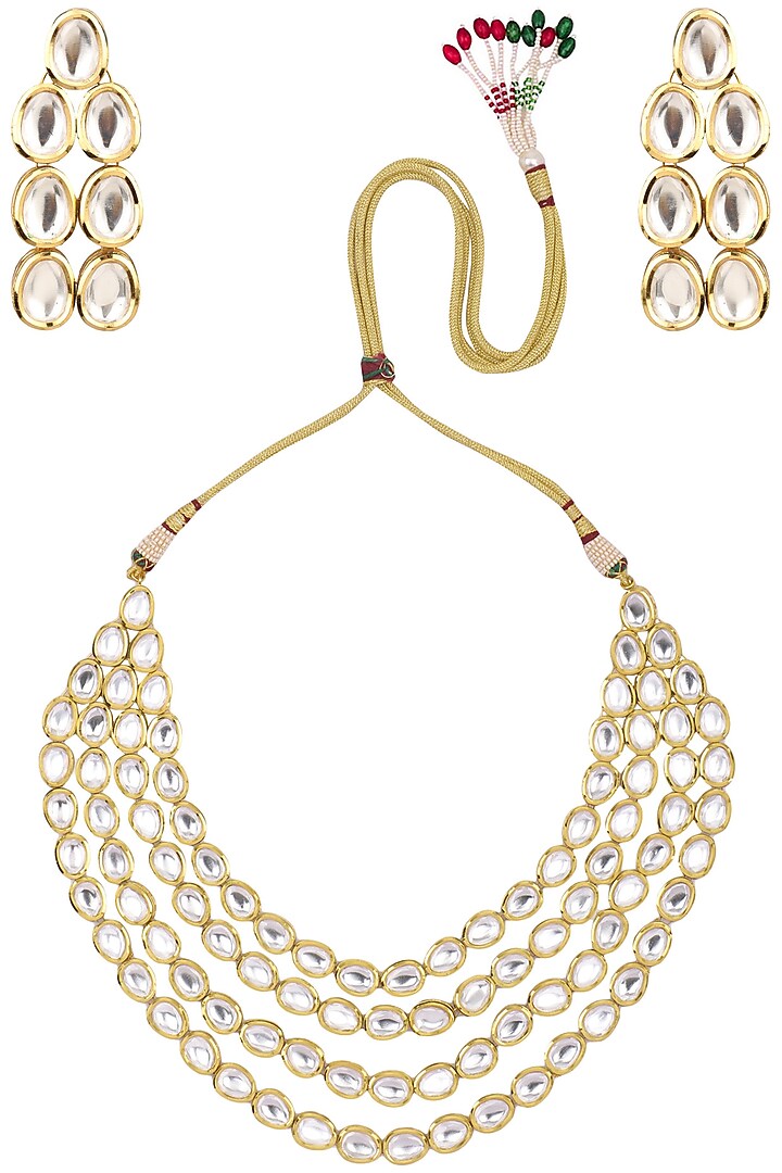 Gold finish kundan 4-line necklace set by Zevar by Geeta