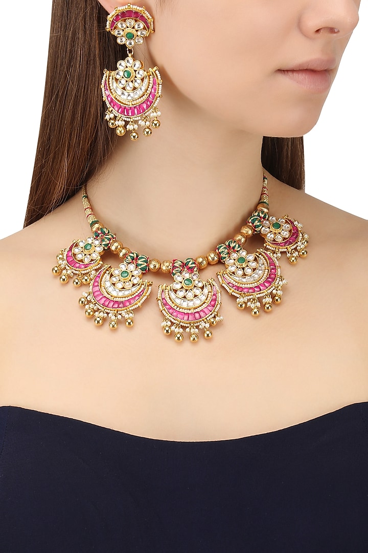 Gold finish kundan pankhi necklace set available only at Pernia's Pop Up Shop.