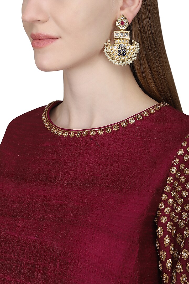Gold Plated Kundan and Pearl Mughal Earrings by Zevar by Geeta