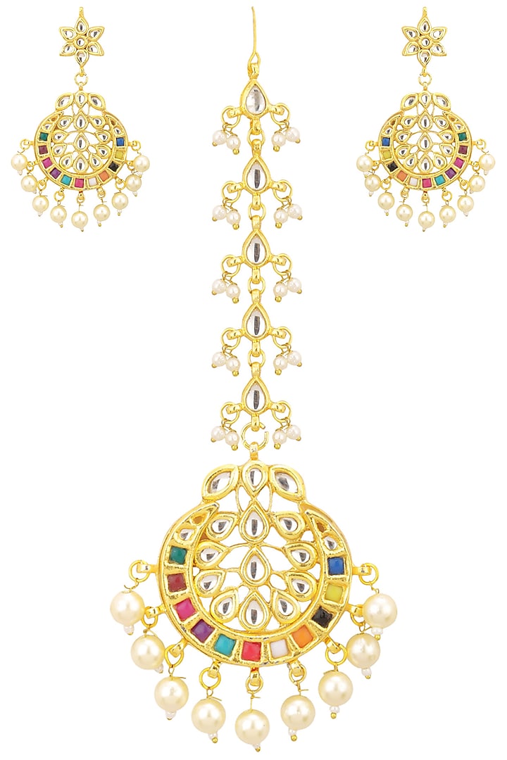 Zevar by Geeta presents Gold finish kundan stone and pearls maang tikka available only at Pernia's Pop Up Shop.