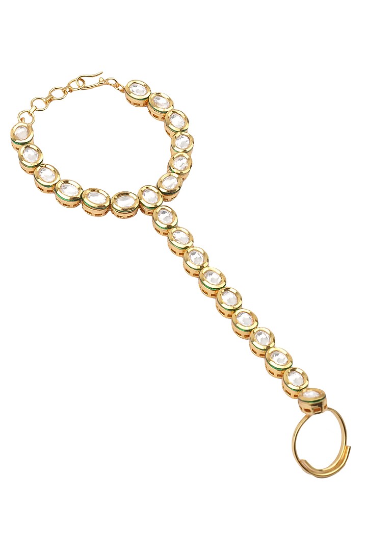 Zevar by Geeta presents Set of 2 Gold finish kundan stone haath-phool available only at Pernia's Pop Up Shop.
