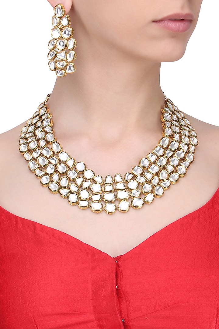 Gold Finish Kundan Stone 4 Line Choker Necklace Set by Zevar by Geeta