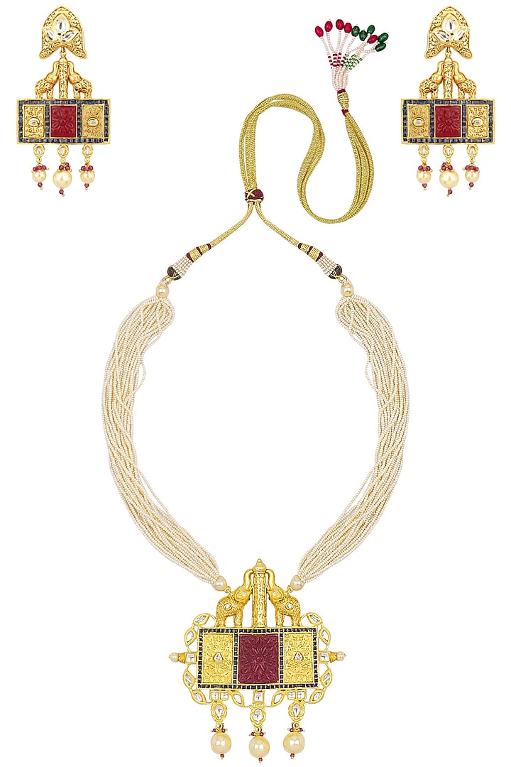 Zevar by Geeta presents Gold finish abstract pendant multiple pearl string necklace set available only at Pernia's Pop Up Shop.