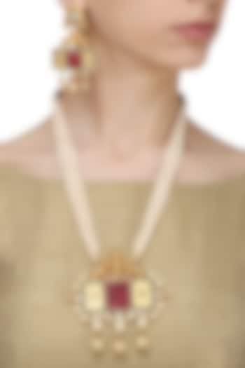 Zevar by Geeta presents Gold finish abstract pendant multiple pearl string necklace set available only at Pernia's Pop Up Shop.