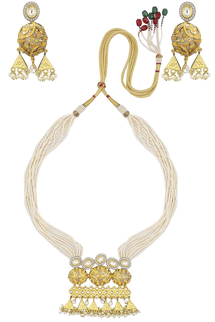 Zevar by Geeta presents Gold finish kundan stone pendant multiple pearl string necklace set available only at Pernia's Pop Up Shop.