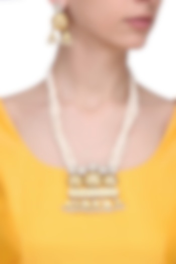 Gold Finish Kundan Stone Pendant Multiple Pearl String Necklace Set by Zevar by Geeta