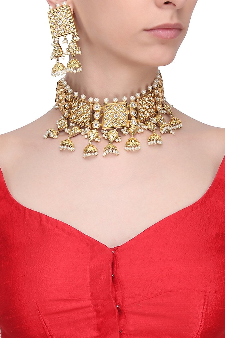 Gold Finish Kundan Stone Cutwork Choker Necklace Set by Zevar by Geeta