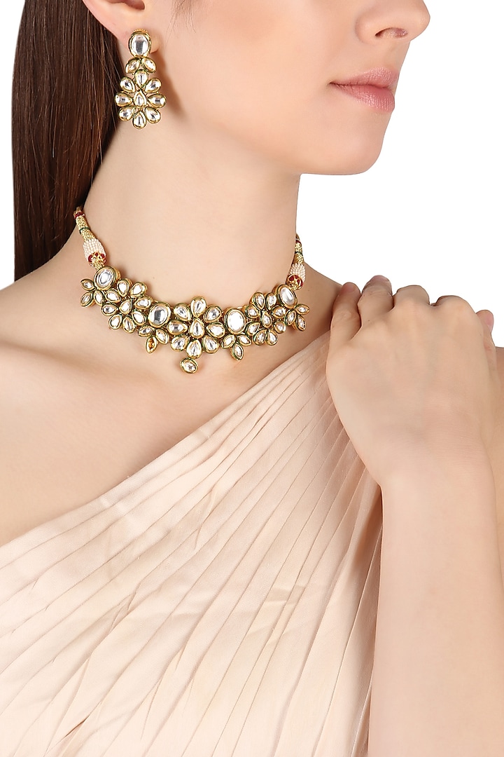 Gold Finish Floral Kundan Choker Necklace Set by Zevar by Geeta