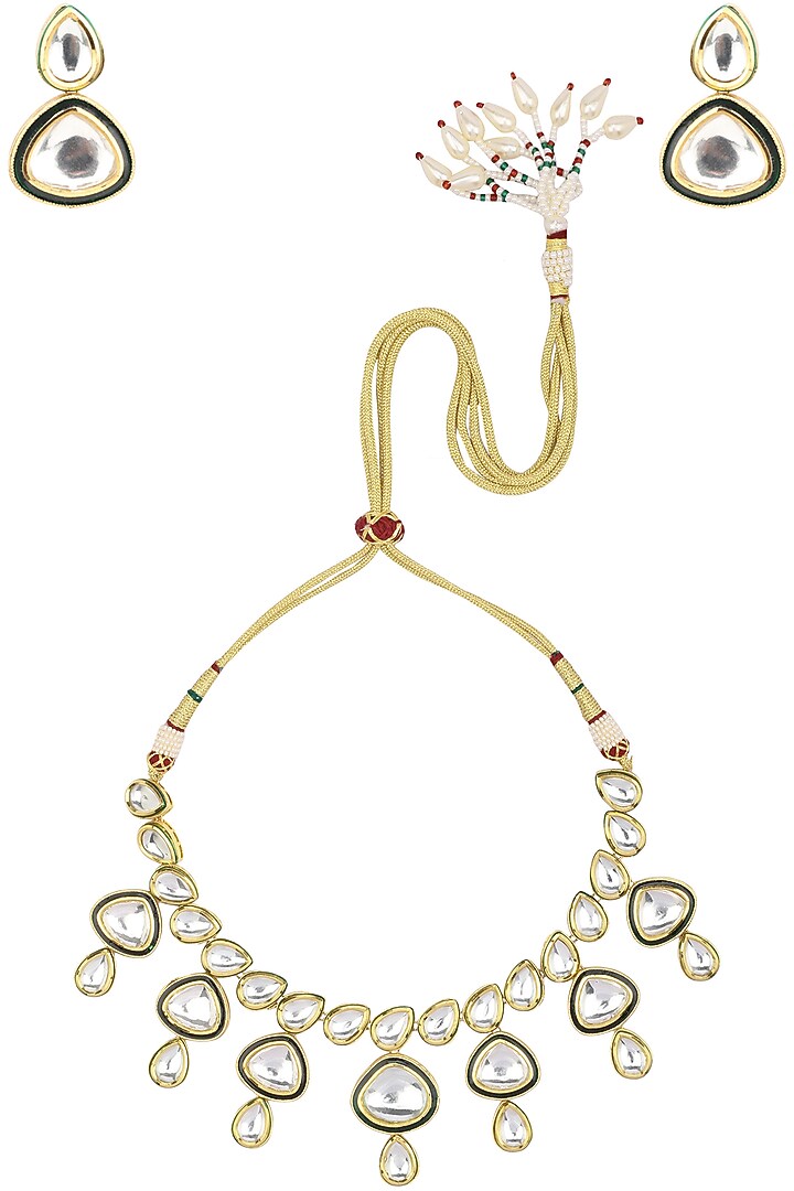 Gold finish kundan and blue meena work necklace set available only at Pernia's Pop Up Shop.