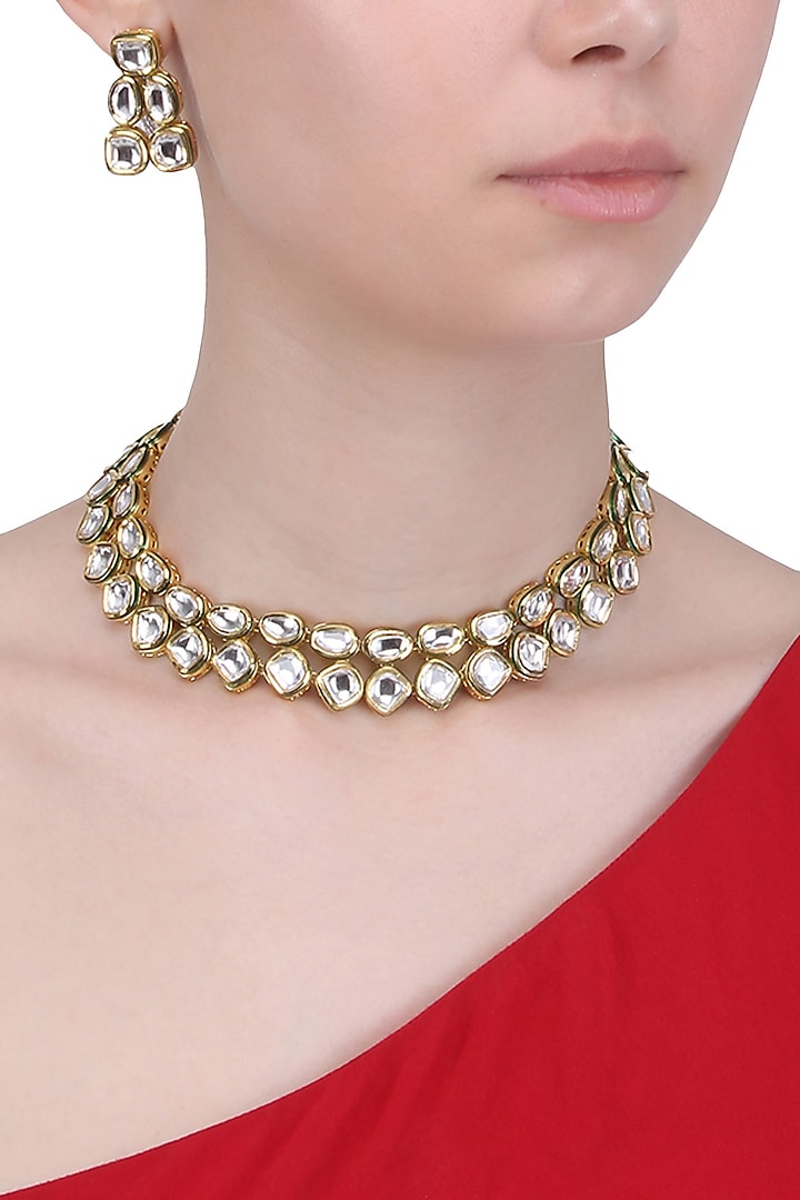 Gold Finish Kundan Stones Choker Necklace Set by Zevar by Geeta