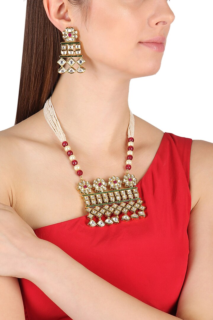 Gold Finish Kundan Floral Pendant Multiple Pearl String Necklace Set by Zevar by Geeta