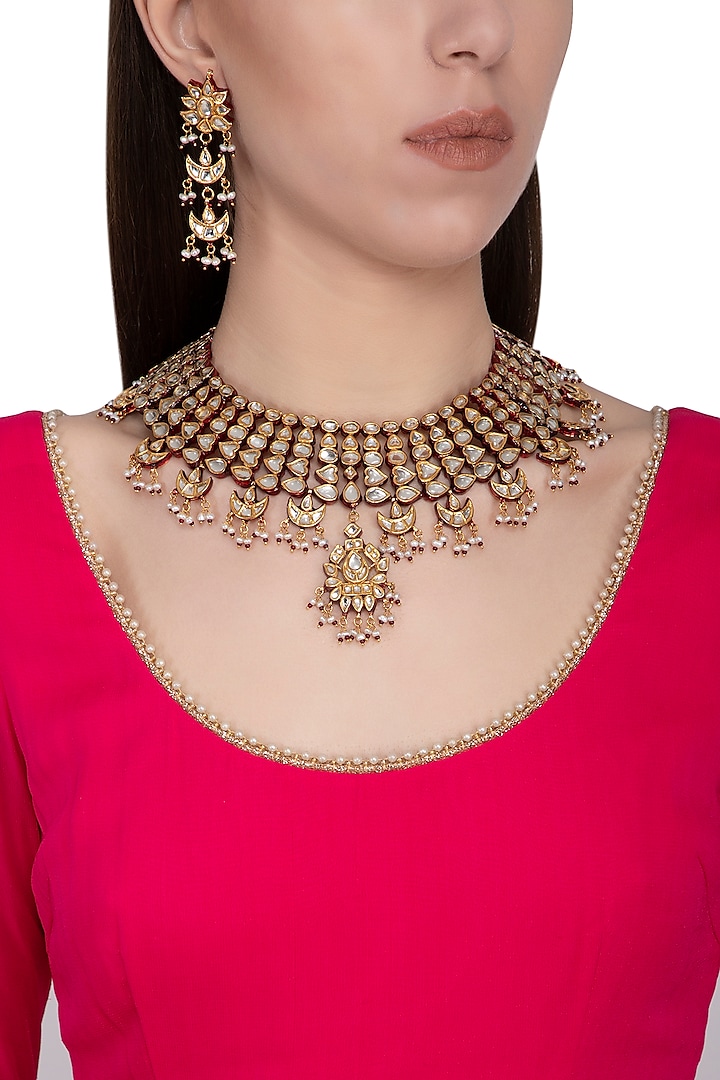 Gold plated pearl necklace set by Zevar by Geeta