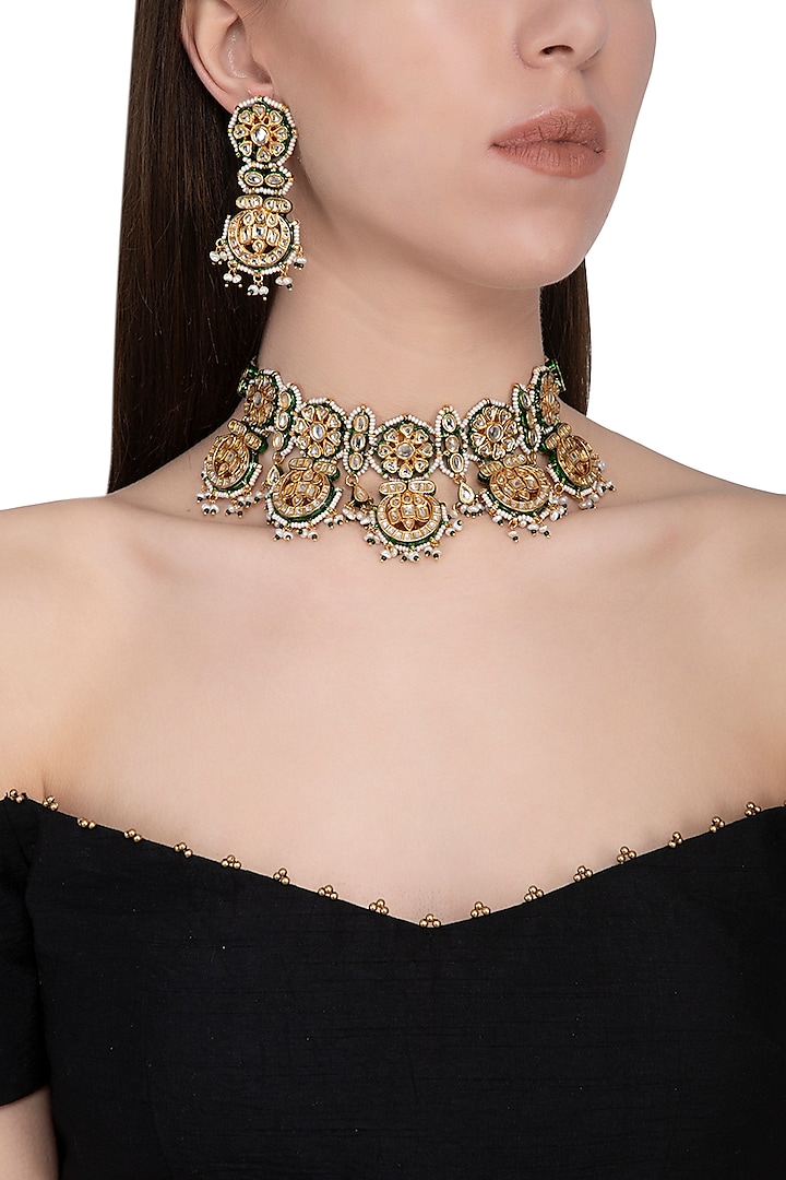 Gold plated pearl choker necklace set by Zevar by Geeta