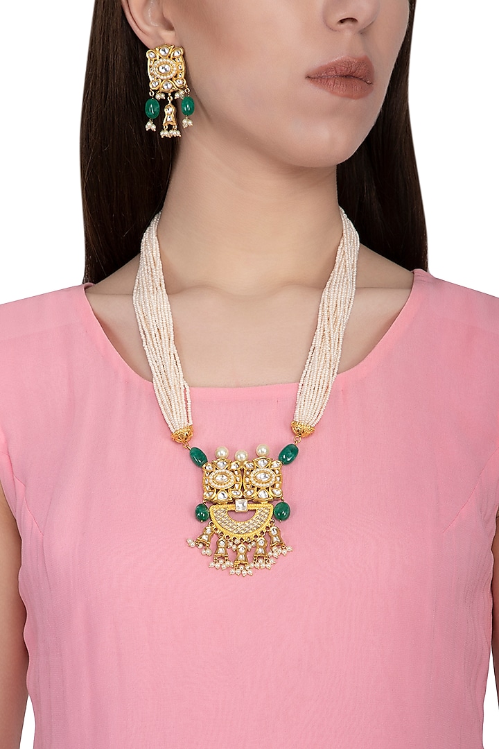 Gold plated green beads and pearl necklace set by Zevar by Geeta