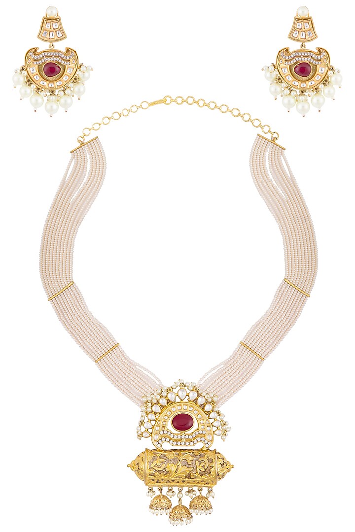 Gold Plated Pearl & Glass Pendant Long Necklace Set by Zevar by Geeta at Pernia's Pop Up Shop