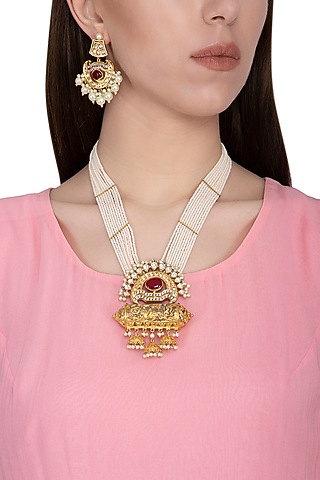 Gold Plated Pearl & Glass Pendant Long Necklace Set by Zevar by Geeta