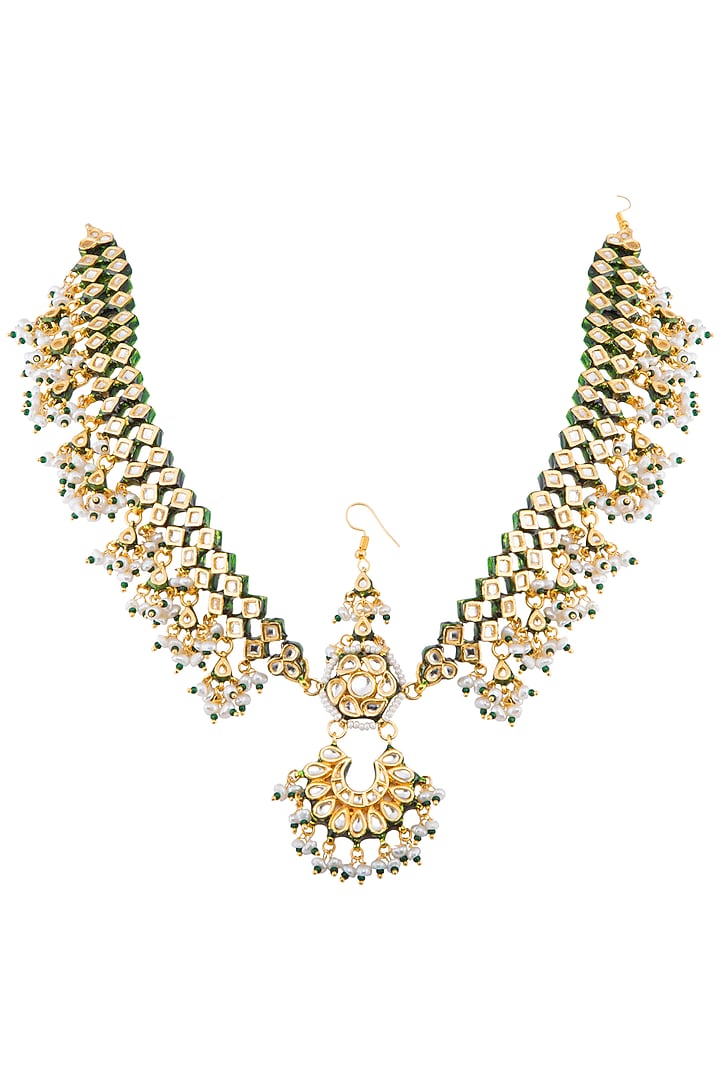 Gold Plated Glass & Pearl Meenakari Mathapatti by Zevar by Geeta at Pernia's Pop Up Shop