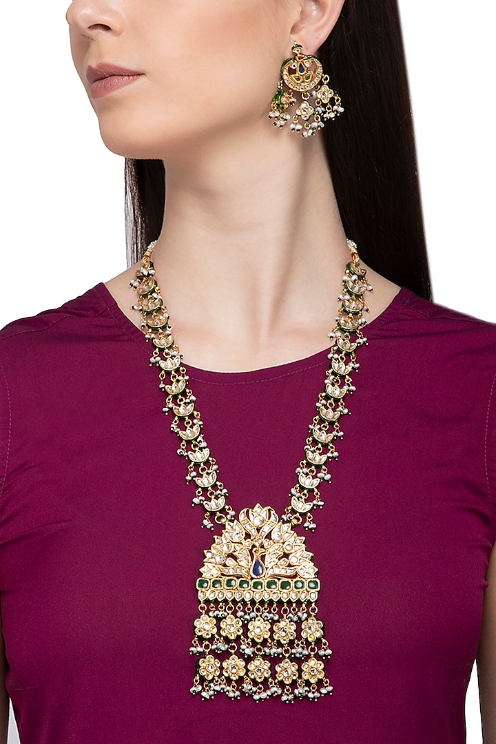Gold Plated Kundan, Glass & Pearl Necklace Set by Zevar by Geeta