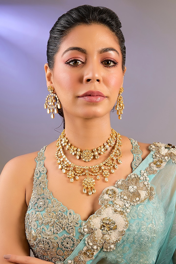 Gold Finish Moissanite Polki Layered Necklace Set by Zevar By Geeta at Pernia's Pop Up Shop