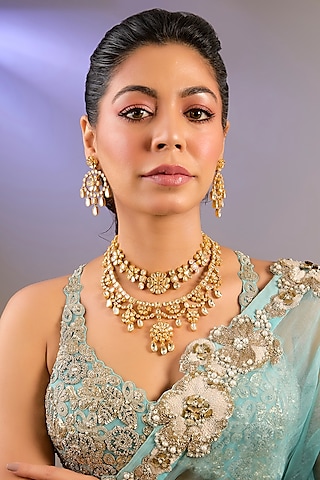 Gold Finish Moissanite Polki Layered Necklace Set by Zevar By Geeta
