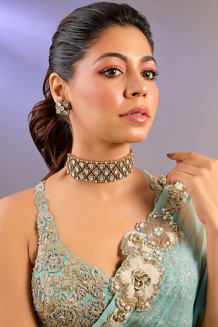 Two Tone Finish Moissanite Polki & Green Stone Choker Necklace Set by Zevar By Geeta at Pernia's Pop Up Shop