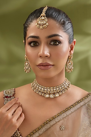 Two-Tone Finish Kundan Polki Choker Necklace Set by Zevar By Geeta