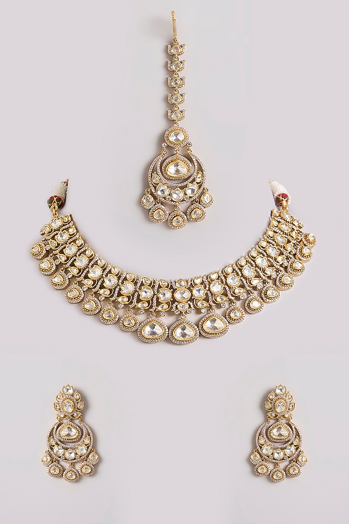 Two-Tone Finish Kundan Polki Choker Necklace Set by Zevar By Geeta at Pernia's Pop Up Shop