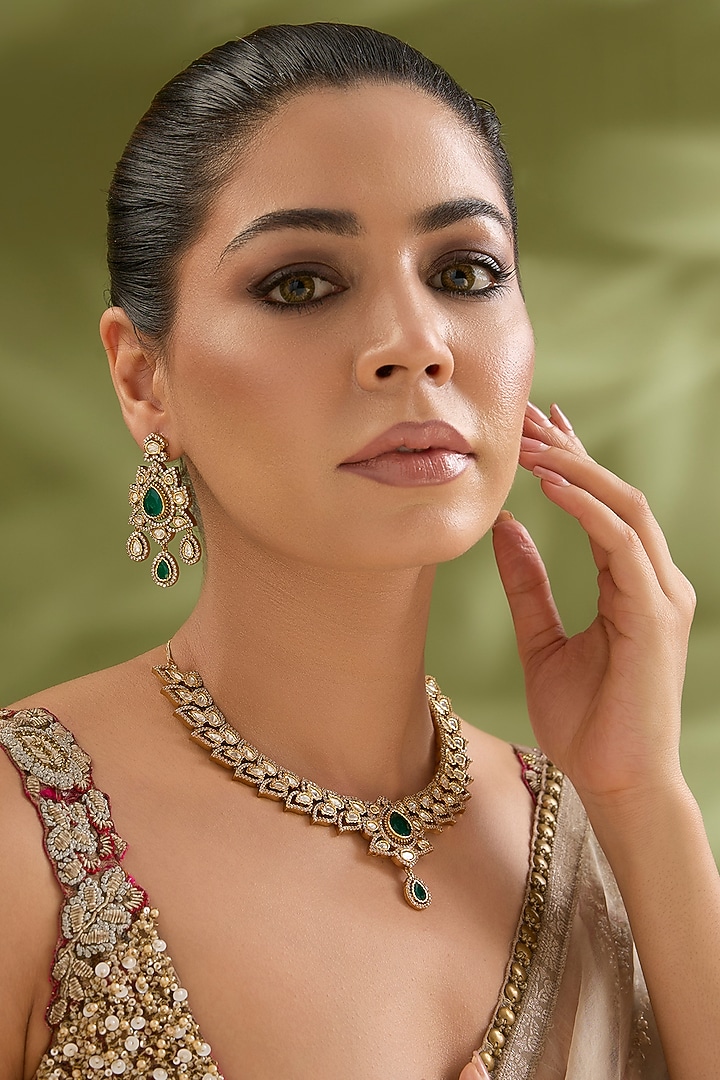 Two-Tone Finish Kundan Polki & Green Stone Necklace Set by Zevar By Geeta at Pernia's Pop Up Shop