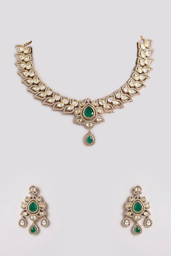Two-Tone Finish Kundan Polki & Green Stone Necklace Set by Zevar By Geeta at Pernia's Pop Up Shop