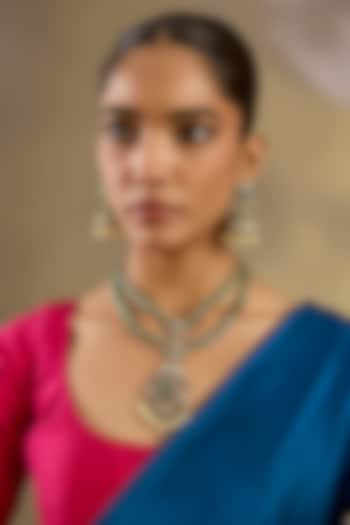 Two Tone Finish Kundan Polki & Green Stone Long Layered Necklace Set by Zevar By Geeta at Pernia's Pop Up Shop