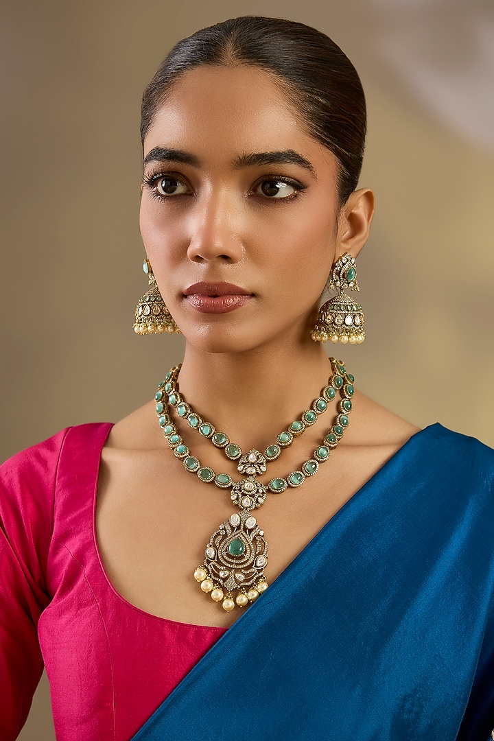Two Tone Finish Kundan Polki & Green Stone Long Layered Necklace Set by Zevar By Geeta at Pernia's Pop Up Shop