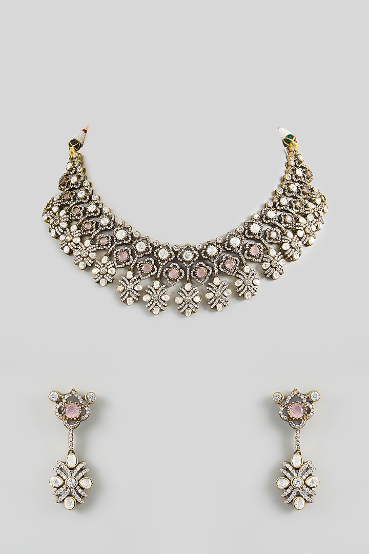 Two Tone Finish Kundan Polki & Pink Stone Necklace Set by Zevar By Geeta at Pernia's Pop Up Shop