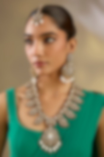 Two Tone Finish Uncut Kundan Polki & Pearl Drop Long Necklace Set by Zevar By Geeta at Pernia's Pop Up Shop