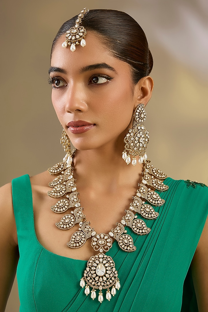 Two Tone Finish Uncut Kundan Polki & Pearl Drop Long Necklace Set by Zevar By Geeta at Pernia's Pop Up Shop