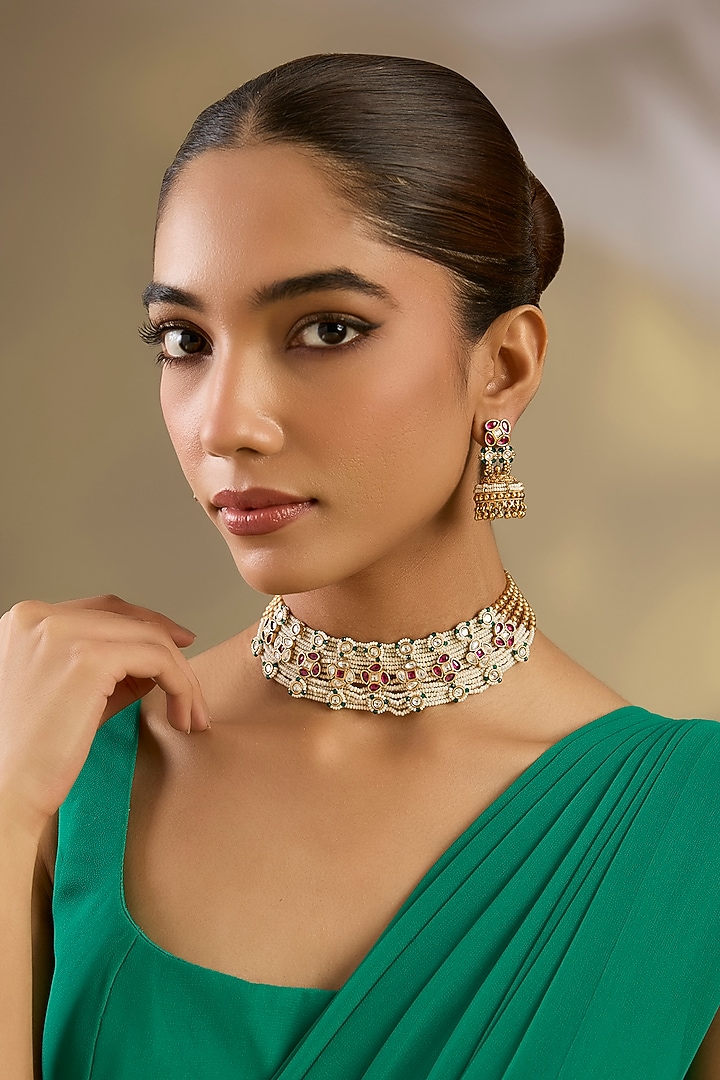 Gold Finish Kundan Polki & Red Stone Choker Necklace Set by Zevar By Geeta at Pernia's Pop Up Shop