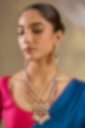 Gold Finish Moissanite Stone & Red Stone Long Necklace Set by Zevar By Geeta at Pernia's Pop Up Shop