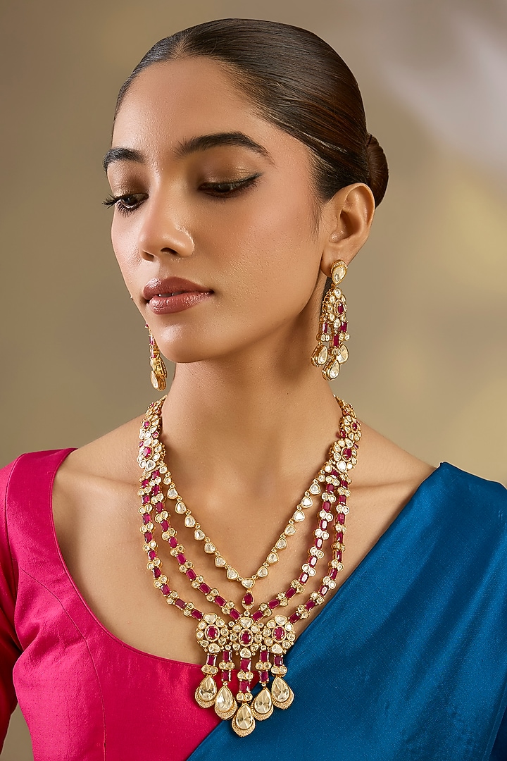 Gold Finish Moissanite Stone & Red Stone Long Necklace Set by Zevar By Geeta at Pernia's Pop Up Shop