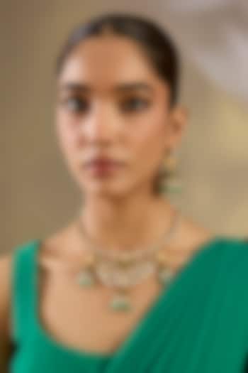 Gold Finish Moissanite Stone Green Enameled Temple Necklace by Zevar By Geeta at Pernia's Pop Up Shop