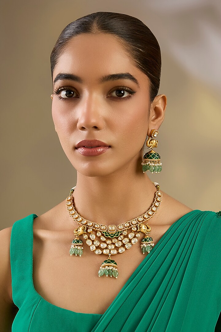 Gold Finish Moissanite Stone Green Enameled Temple Necklace by Zevar By Geeta at Pernia's Pop Up Shop