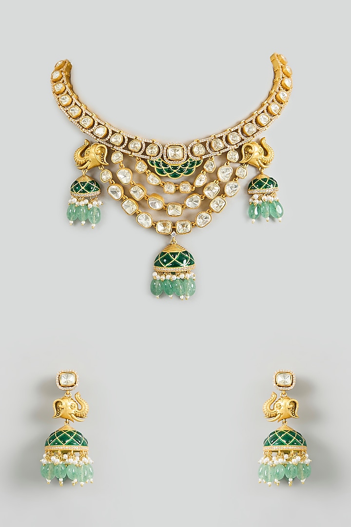 Gold Finish Moissanite Stone Green Enameled Temple Necklace by Zevar By Geeta at Pernia's Pop Up Shop