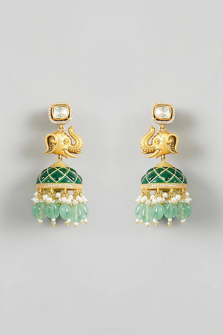 Gold Finish Moissanite Stone Green Enameled Temple Necklace by Zevar By Geeta at Pernia's Pop Up Shop