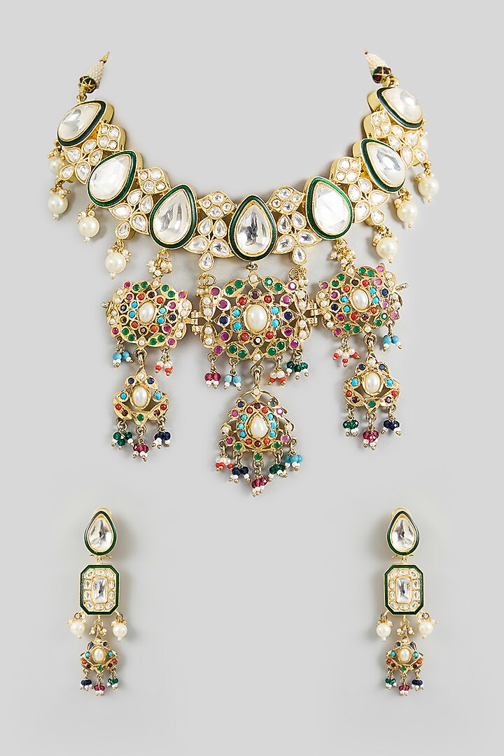 Gold Finish Meenakari Kundan Polki Necklace Set by Zevar By Geeta at Pernia's Pop Up Shop