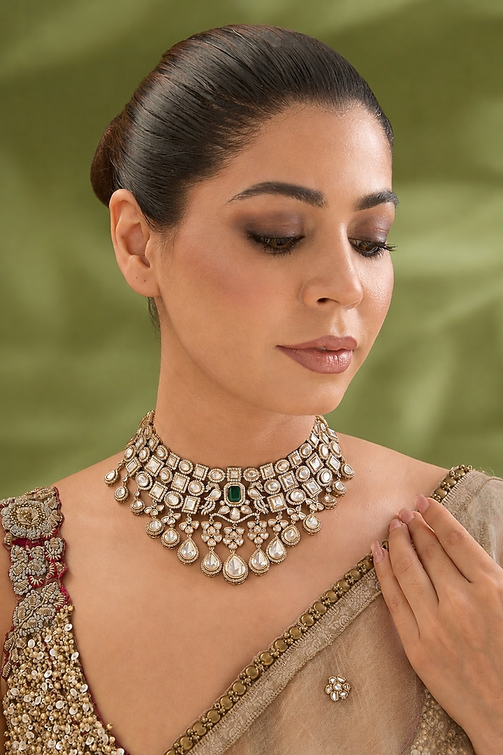 Gold Finish Kundan Polki Necklace by Zevar By Geeta at Pernia's Pop Up Shop